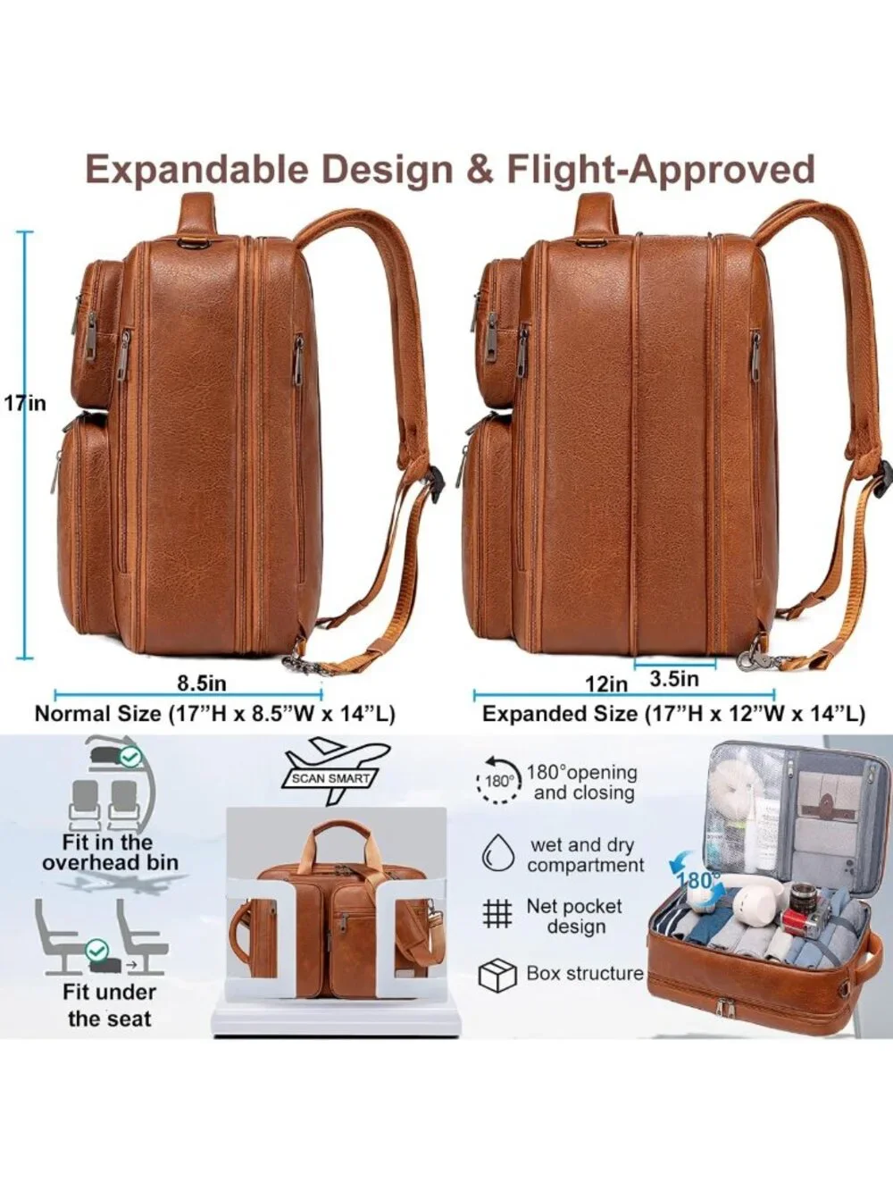 3-in-1 Vegan Leather Convertible Laptop Bag - Expandable Travel Backpack